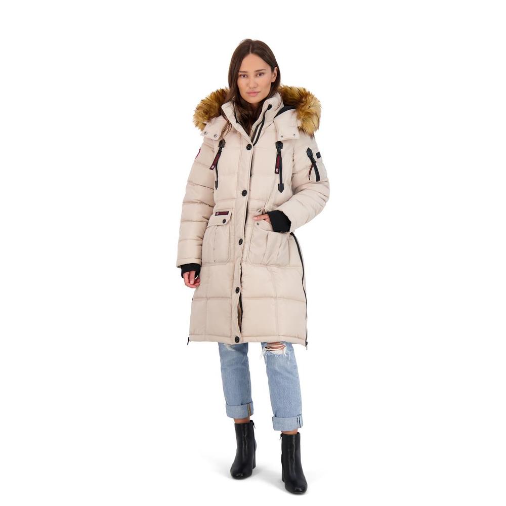 - Canada Weather Gear Womens Beige Faux Fur Long Puffer Coat Outerwear